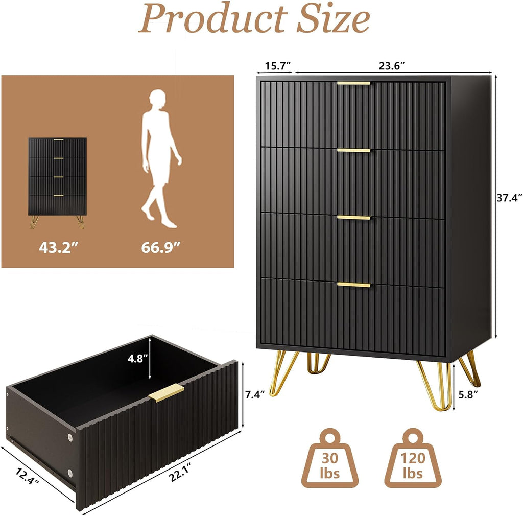MAISONARIA Black Dresser for Bedroom, 4 Drawer Dresser with Gold Metal Handles & Chests of Drawers, Chests of Drawers for Hallway, Bedroom