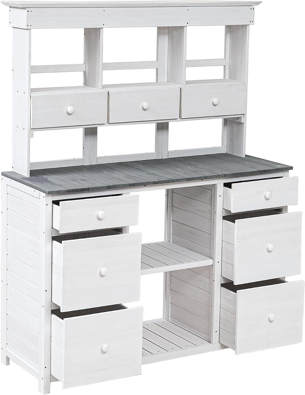 Rustic 50''W Garden Potting Bench Table with 3 Tiers Shelf and Ample Drawers, Large Gardening Workstation with Fir Wood Frame for Outdoor Space, White+gray