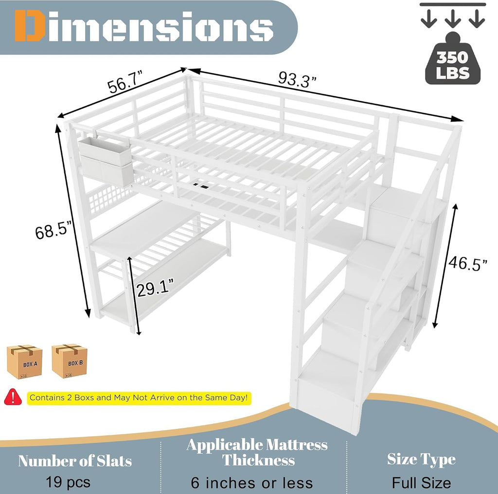 Full Size Loft Bed with Stairs and Desk,Metal Gaming LoftBed with LED Lights,Charging Station, High Loft Beds Frame Full with Storage Shelves,Wardrobe for Teens, Adults, White