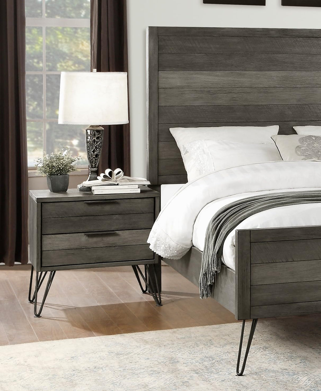 5-Piece Modern Full Size Bed Set Panel Gray Finish Solid Acacia Wood Metal Legs Bedroom Furniture