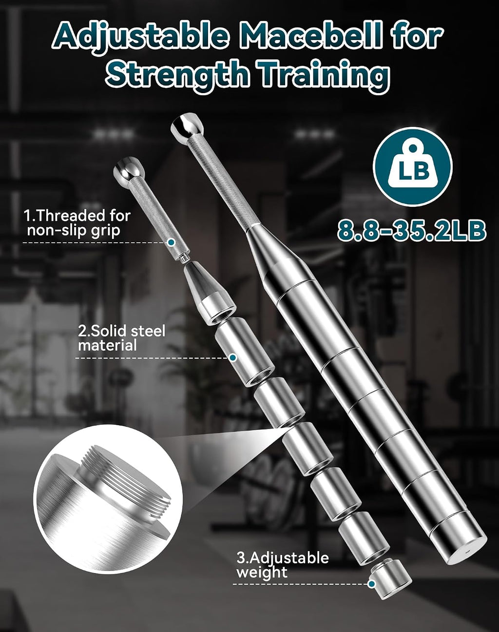 Adjustable Macebell, 6/8/13-in-1 Indian Club Weighted for Strength Training, Shoulder & Grip Workouts, Progressive Weight System