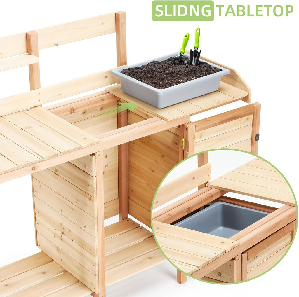Outdoor Potting Bench Table with Sink and Storage Cabinet - Gardening Workstation for Patio and Lawn Organization with Sliding Tabletop and Tool Hooks