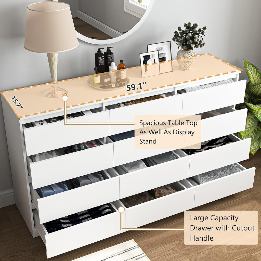 Vibe & Dine White Dresser 12 Drawer, Modern Long Dresser for Bedroom, Wood Chest of Drawers with Wide Storage for Living Room