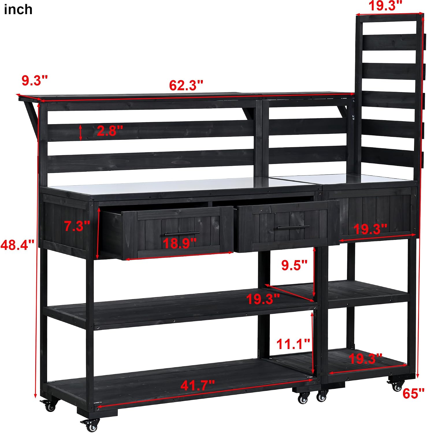 Outdoor Kitchen Island with Stainless Steel Top, 62 in | Fir wood, stainless steel top, raised shelf, modular 2-cart design, lockable wheels, BBQ prep, 62.3 W x 28.6 D x 65 H in