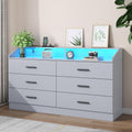 6 Drawer Dresser with Power Outlet, Chest of Drawer with LED Light, Modern Dresser with Open Storage Cubby, Double Wide Dressers Organizer for Bedroom, Living Room, Entryway, Hallway (Grey, 6 Drawers)