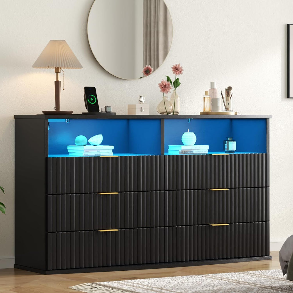 Gyfimoie Fluted 6 Drawer Dresser with LED Lights, Modern Black Chest of Drawers with Power Outlet & Curved Top, Wood Dresser TV Stand, Black Double Dresser for Bedroom, Living Room, Hallway