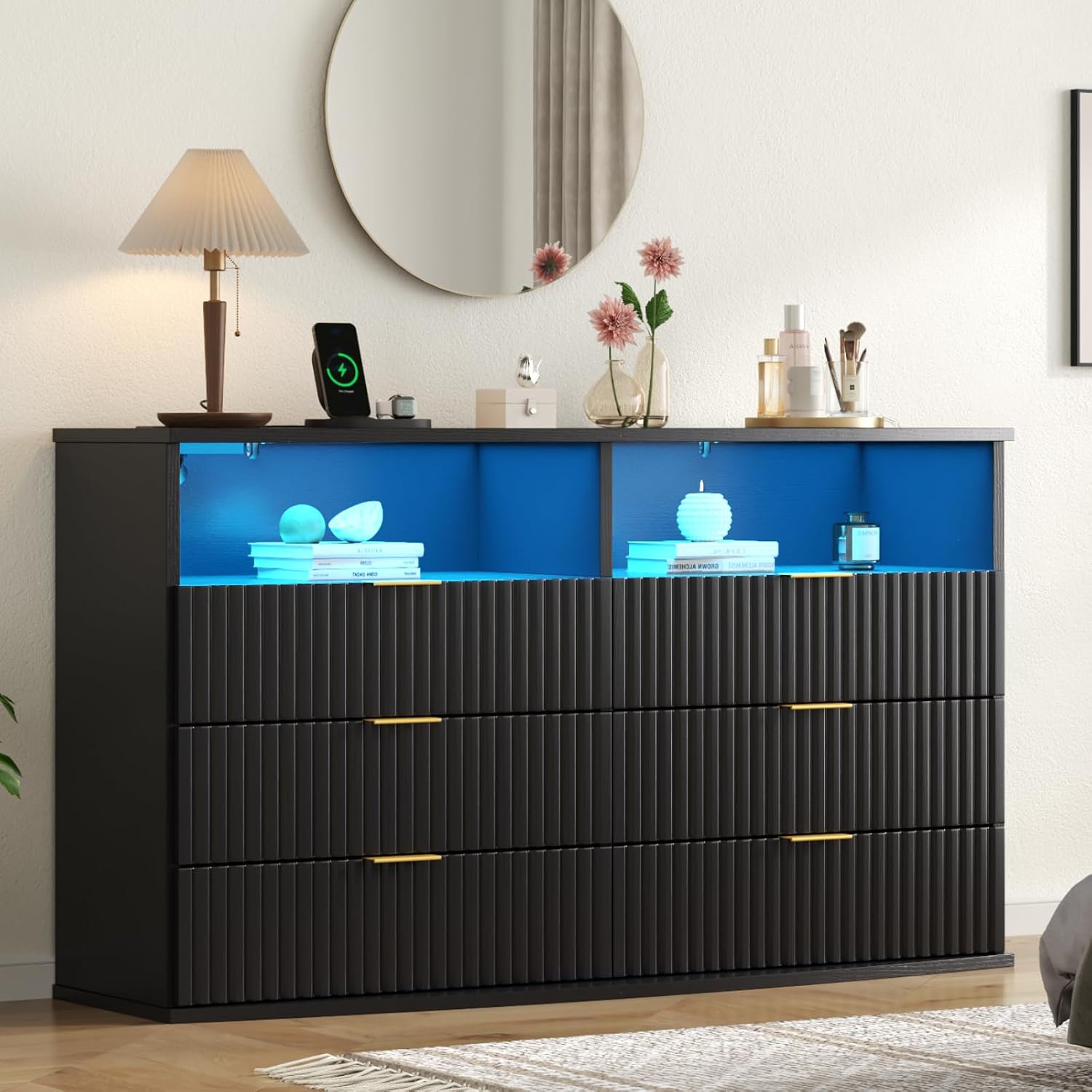 Gyfimoie Fluted 6 Drawer Dresser with LED Lights, Modern Black Chest of Drawers with Power Outlet & Curved Top, Wood Dresser TV Stand, Black Double Dresser for Bedroom, Living Room, Hallway