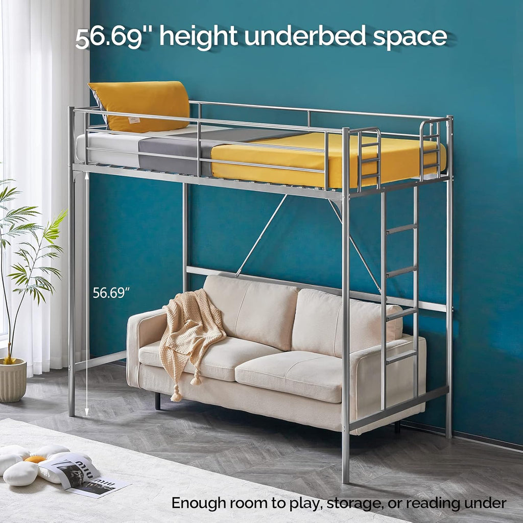 VINGLI Twin Loft Bed with Stairs Flat Steps for Kids, Adults Single Bed Space Saver Metal Loft, No Box Spring Required, Gray
