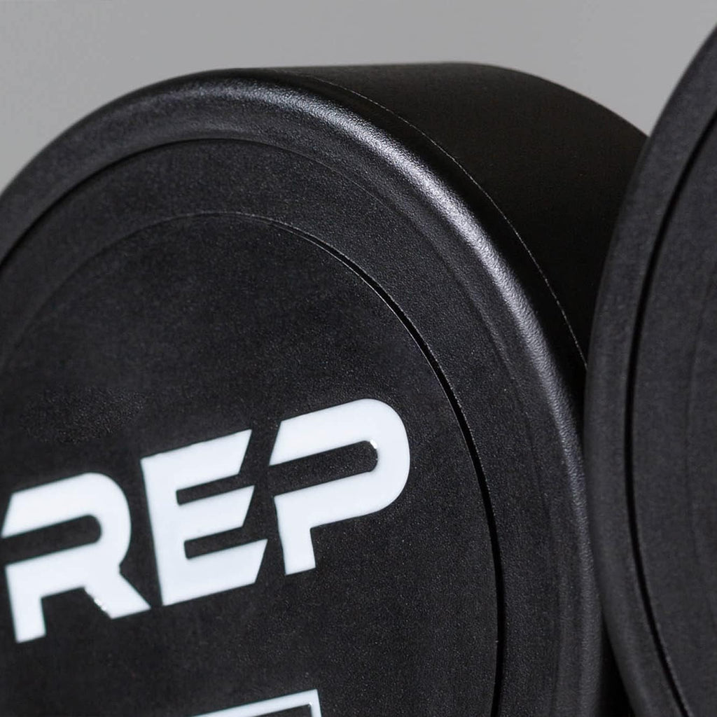REP Fitness Urethane Coated Round Dumbbells, 5 to 100 lbs, Singles or Pairs, With or Without Rack, Steel Core, Rubber Encased, Chrome Handles, Professional Weights for Home Gym Strength Training