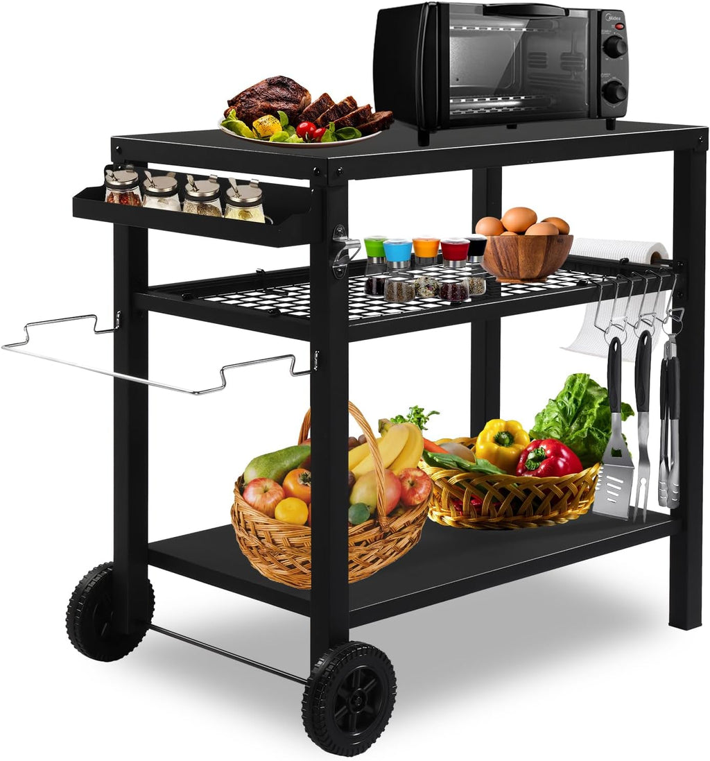 Outdoor Grill Cart,Grill Table with Three-Shelf,Movable Pizza Oven Table,Rolling Kitchen Cart,Grill Tables for Outside BBQ with Two Wheels Black