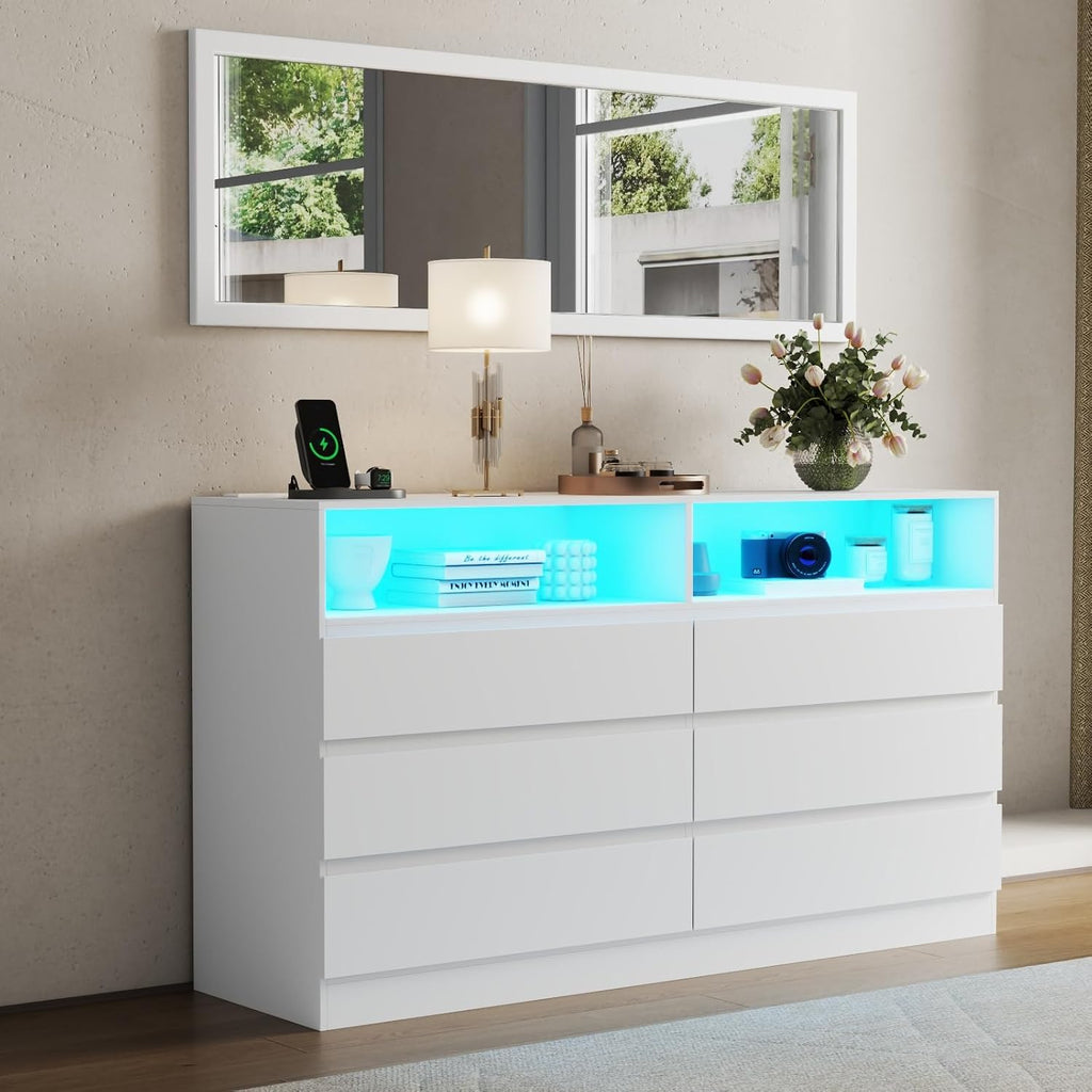 Gyfimoie Dresser for Bedroom with Full Length Mirror 48'x16', White Storage Cabinet with Power Outlet, 6 Drawer Dresser with LED Light, Modern Dressers with Charging Station(White)