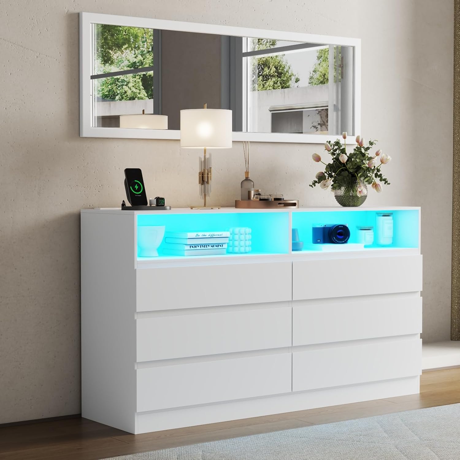 Gyfimoie Dresser for Bedroom with Full Length Mirror 48'x16', White Storage Cabinet with Power Outlet, 6 Drawer Dresser with LED Light, Modern Dressers with Charging Station(White)
