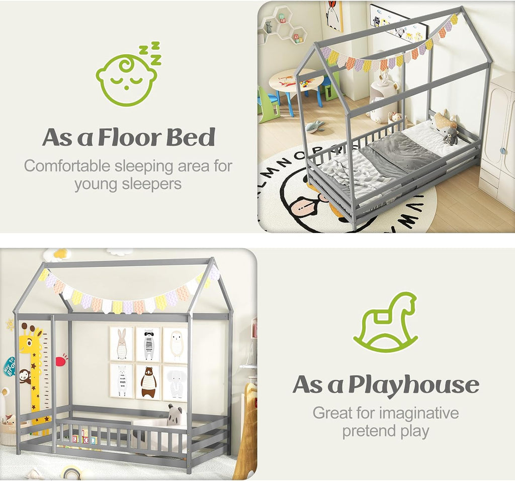 KOMFOTT Twin Size Floor House Bed, Wooden Montessori Bed with Roof & Full-Length Safety Guardrail, Floor Playhouse Bed Frame for Kids, Girls, Boys (Grey)