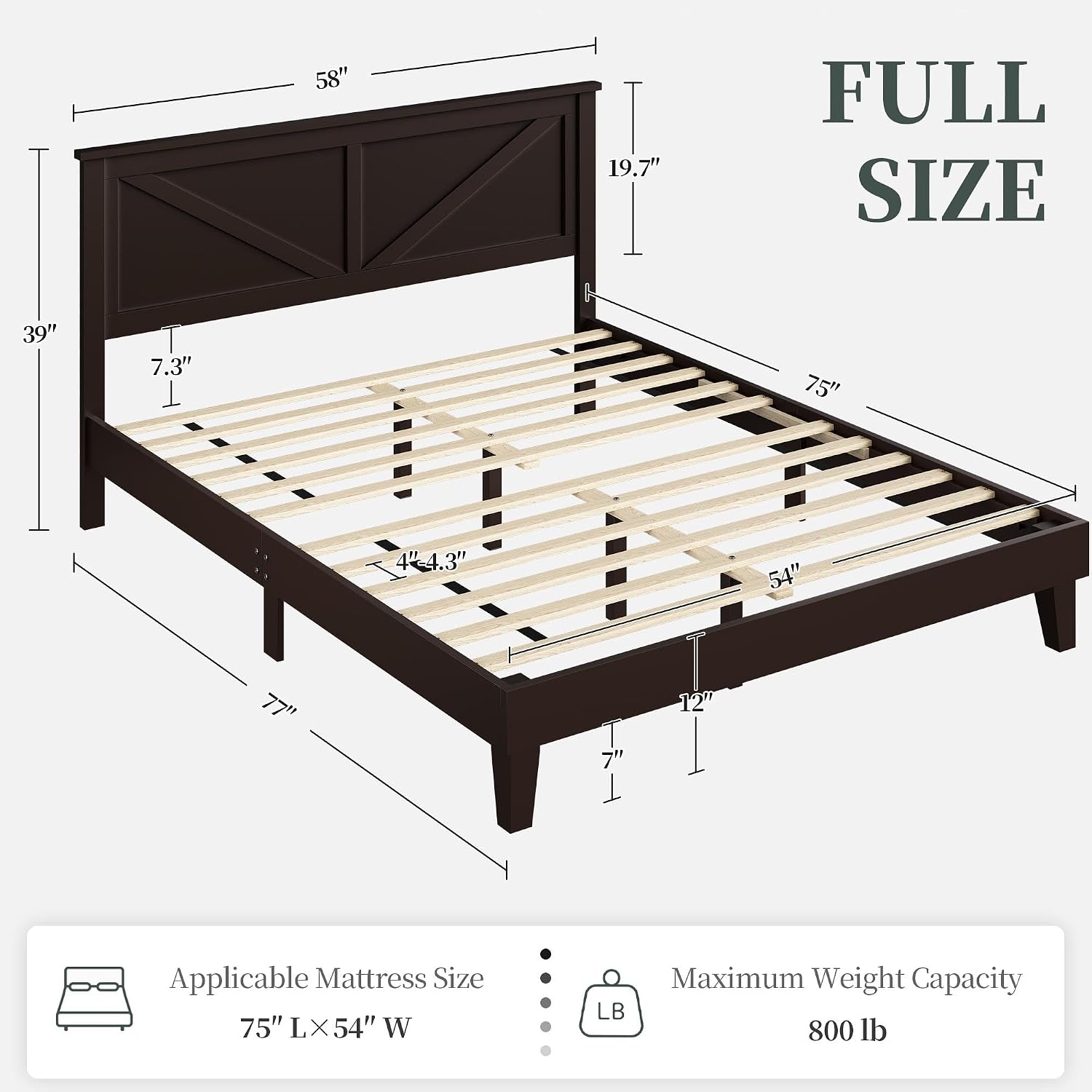Yaheetech Wood Bed Full, Farmhouse Espresso Rubberwood Platform Bed Frame with V-Designed Headboard, Sturdy Wooden Support Slats, Holds up to 800 Pounds, Noise-Free, Easy Assembly