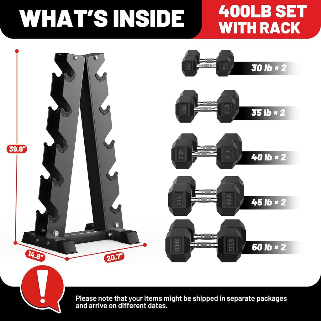 PAPABABE Hex Dumbbell Sets with Rack, 100-600lb Rubber Coated Dumbbell Weight Set and Storage Rack, Multiple Options Hand Weights for Strength Training