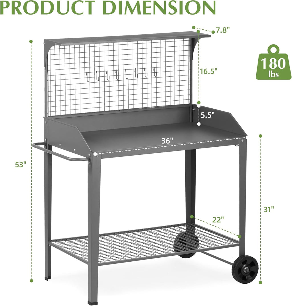 DDK Outdoor Metal Potting Bench with Wheels & Hooks, Wire Rack, Dark Gray | Rustproof Metal, Raised-Edge Worktop, Trellis Top Shelf, 4 Side Hooks, Wire Bottom Shelf