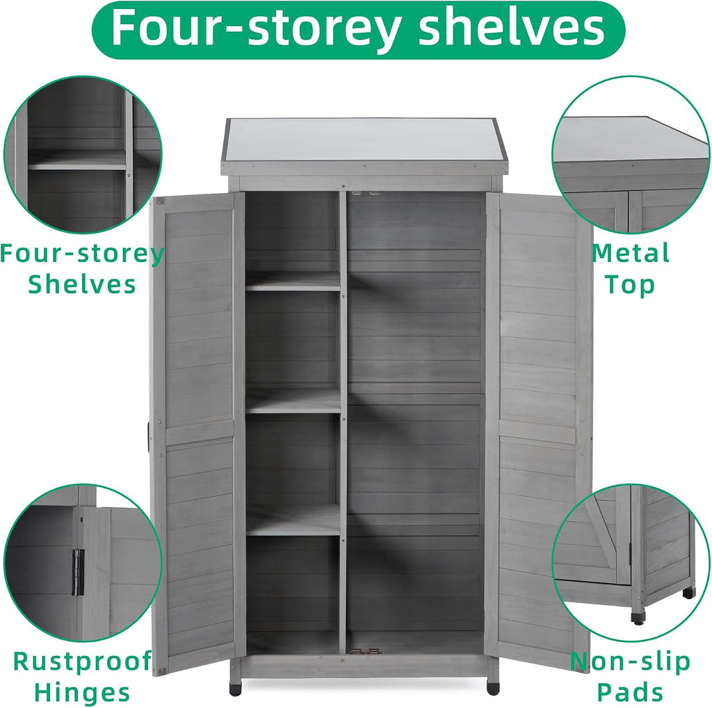 Tall Outdoor Storage Cabinet Waterproof Wood with Metal Top, Durable Patio Garden Shed for Tools, Backyard Deck and Balcony Organizer, Outside Hutch, 68-Inch Tall, Gray