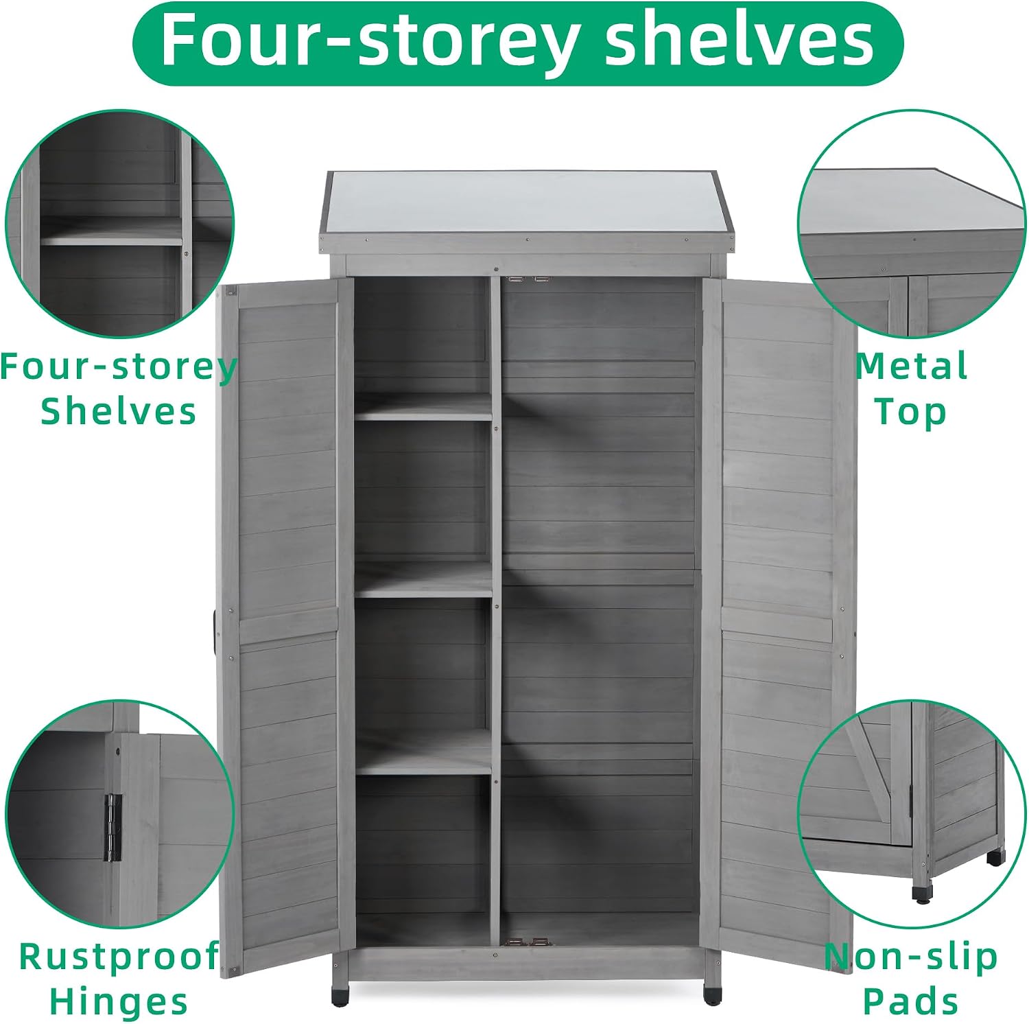 Tall Outdoor Storage Cabinet Waterproof Wood with Metal Top, Durable Patio Garden Shed for Tools, Backyard Deck and Balcony Organizer, Outside Hutch, 68-Inch Tall, Gray