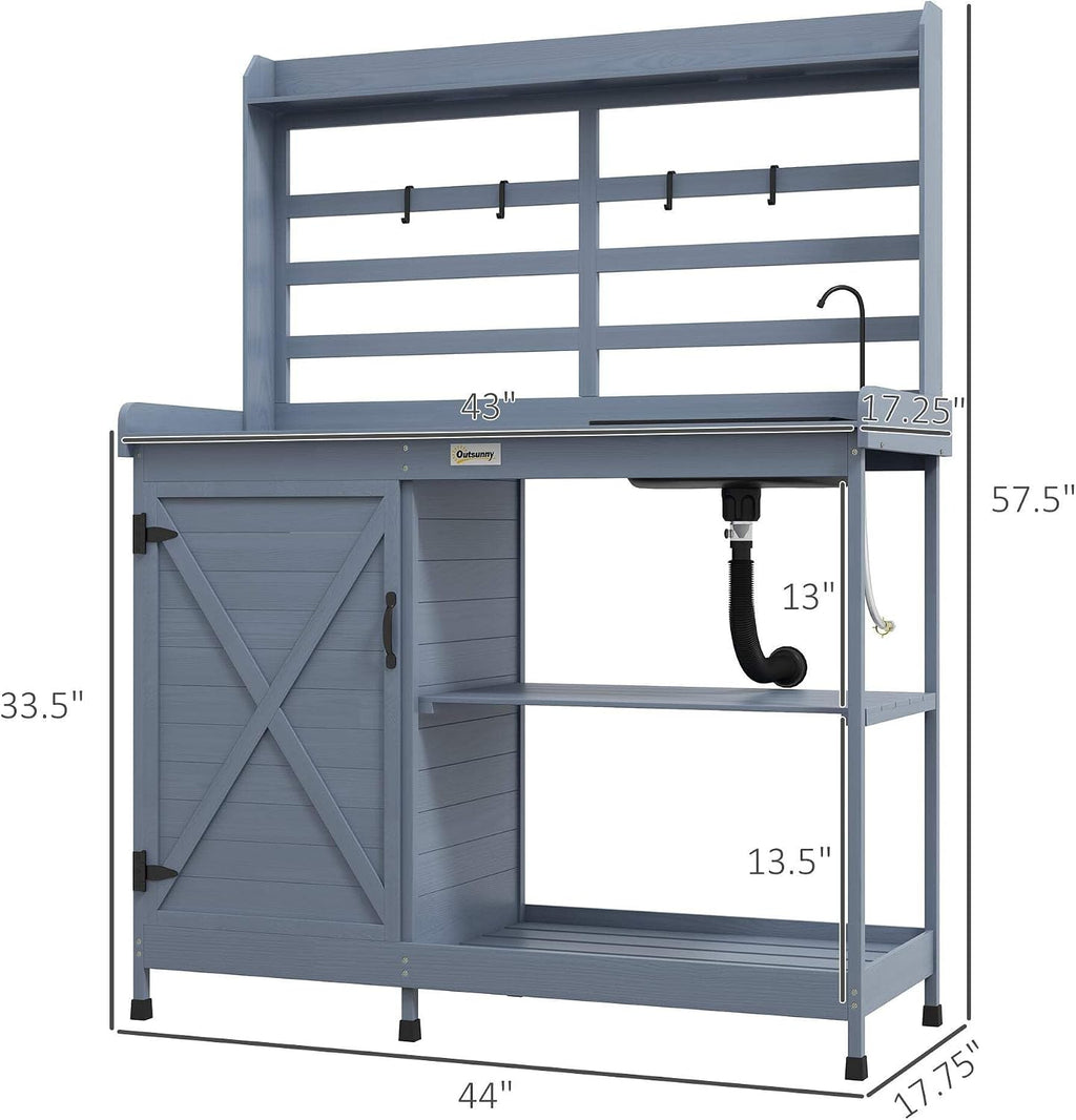 Bathroom Vanity Wooden Potting Bench, Outdoor Potting Table with Storage Cabinet, Storage Shelves, Sink, Water Tap, Wood Table Top for Backyard, Patio, Balcony, Gray