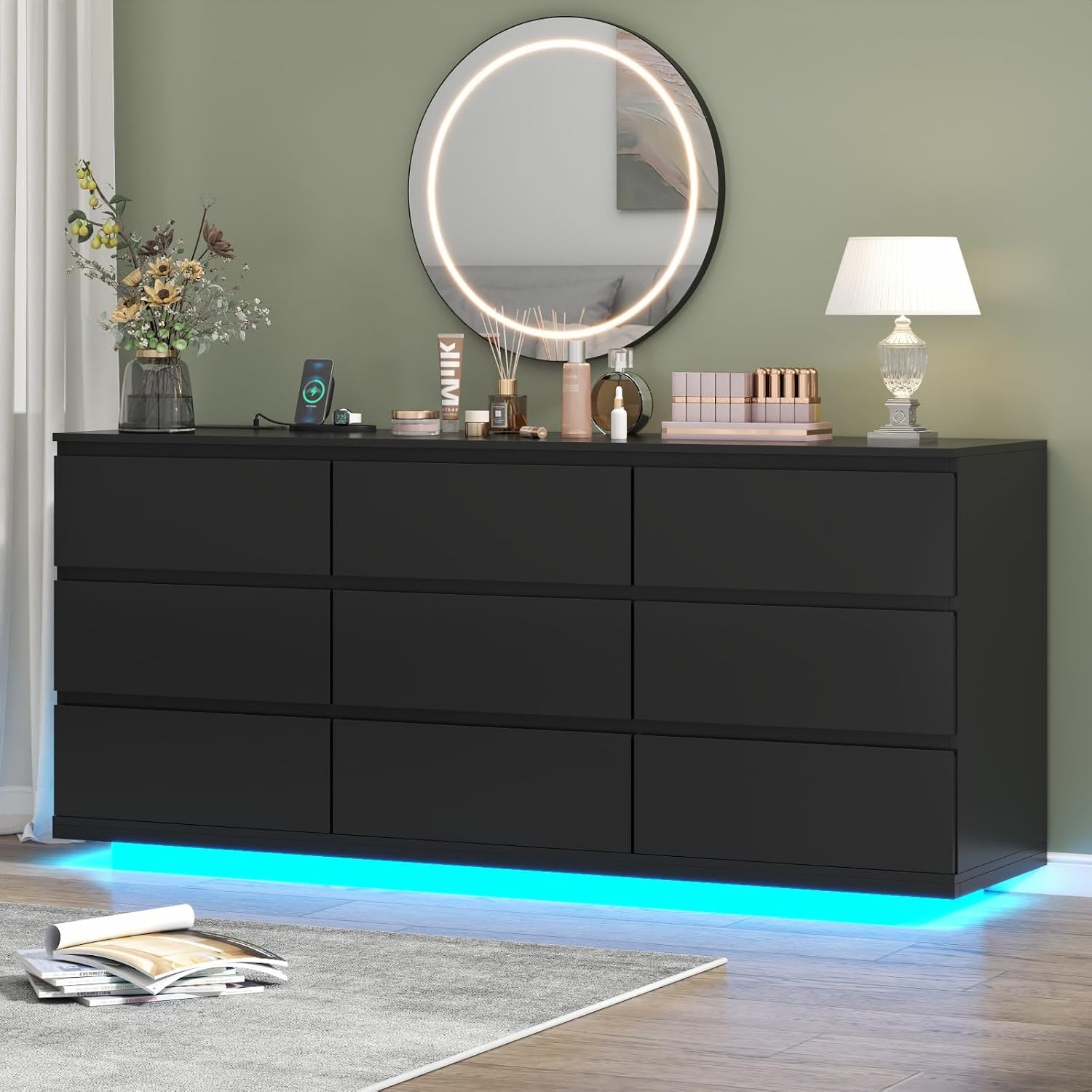 Gyfimoie 9 Drawer Dresser with Power Outlet and LED Lighting, Floating White Dresser Chest of Drawers, The Modern Organizer for Bedroom & Living Room (Black)