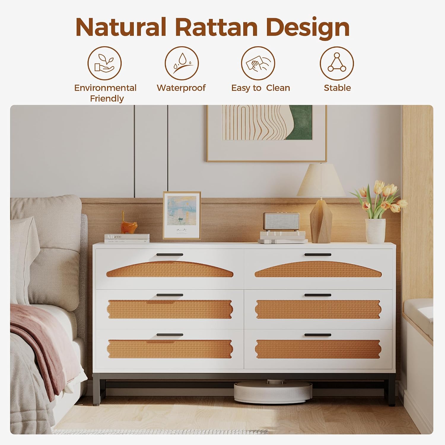 Mericonia 6 Drawer Double Dresser for Bedroom, Rattan Chest of Drawers, Modern Wooden Dresser Chest with Metal Frame for Bedroom, Living Room, Hallway and Entryway, White