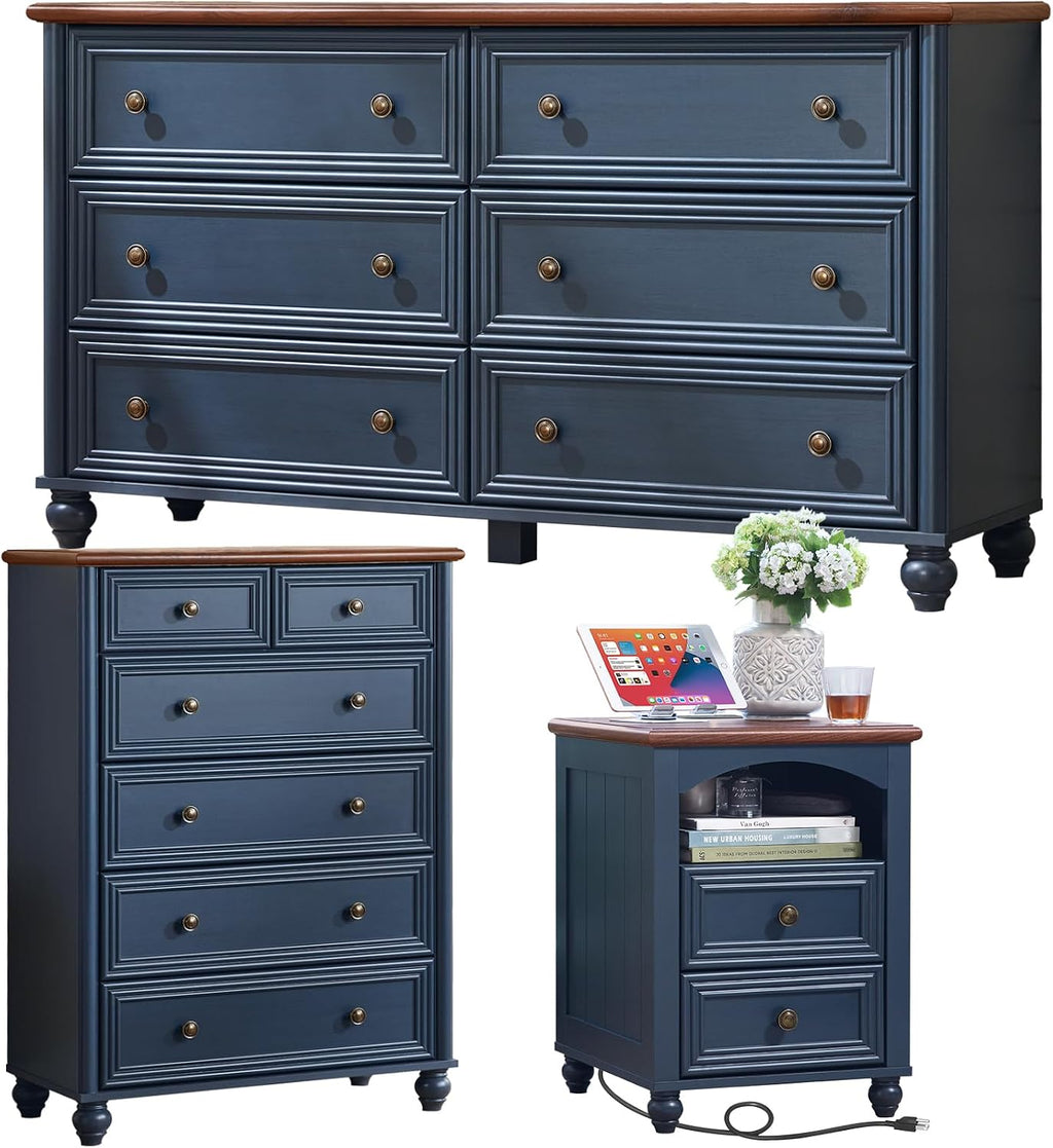 Farmhouse Dressers & Night Stand Set of 3, Wood 54' Wide 6 Drawer Dresser & 43.5'Tall Chest of Drawers, 18' with Charging Station Nightstand, Bedroom Furniture Dresser Set for Home Living Room Hallway
