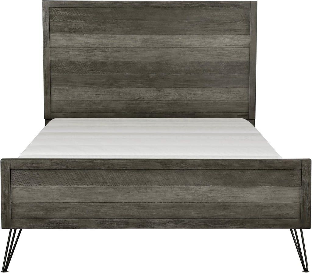 5-Piece Modern Full Size Bed Set Panel Gray Finish Solid Acacia Wood Metal Legs Bedroom Furniture
