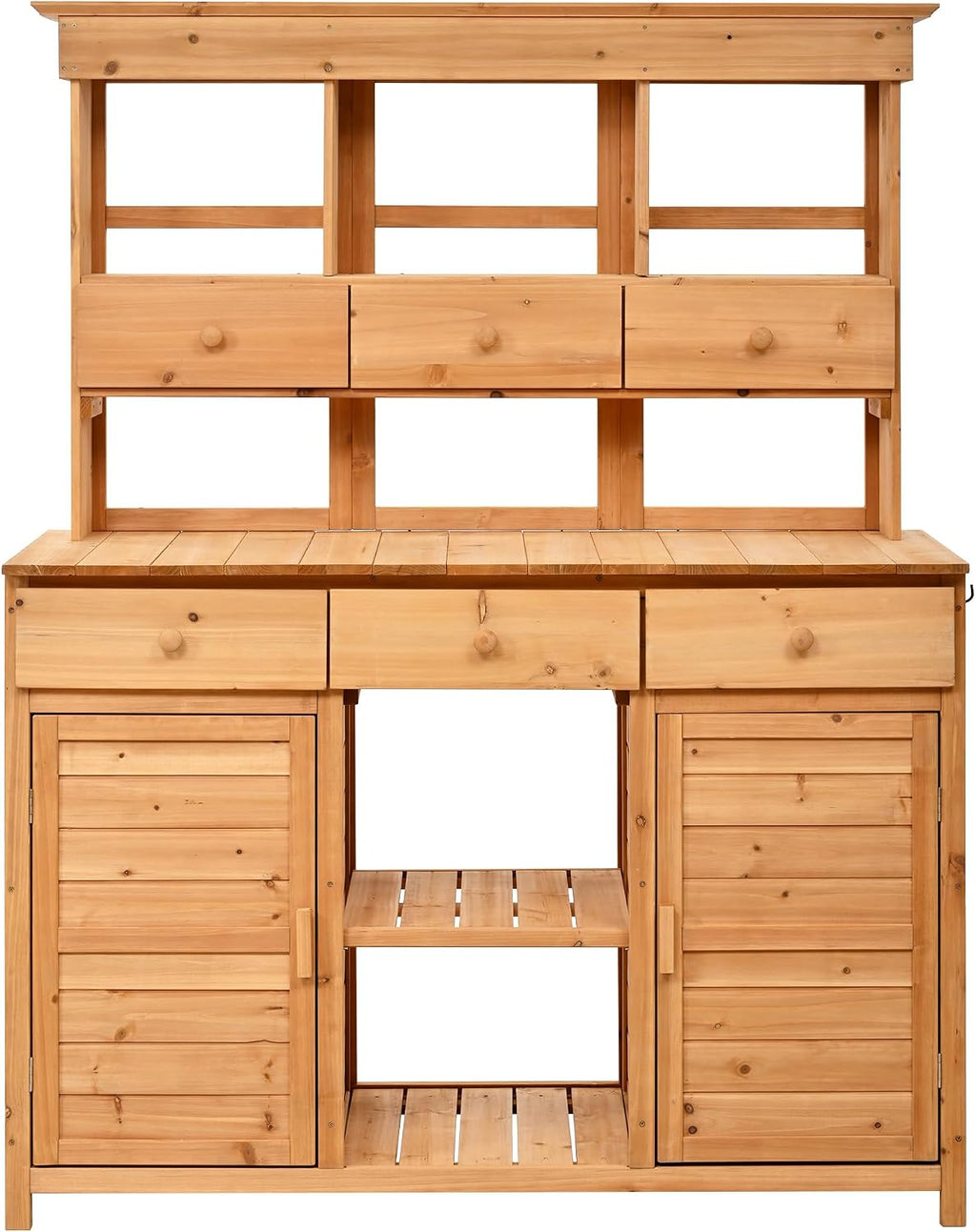 Roomfitters 66 Inch Tall Garden Potting Bench with Hutch and 6 Drawers, Fir Wood Storage Workstation, Natural
