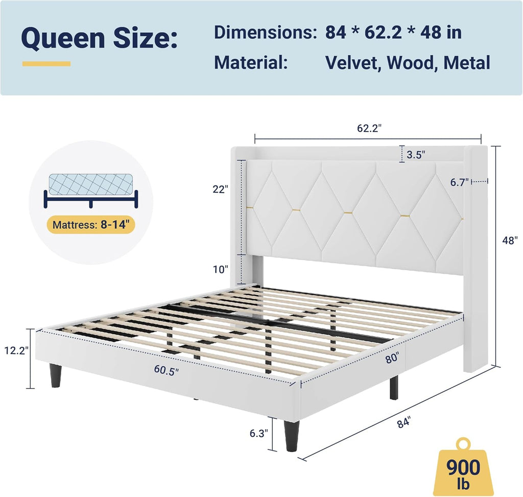 Allewie Velvet Queen Upholstered Bed Frame with Wingback Storage Headboard & Charging Station, Platform Bed with Diamond Tufted Design & Gold Trim, No Box Spring Needed, Easy Assembly, White