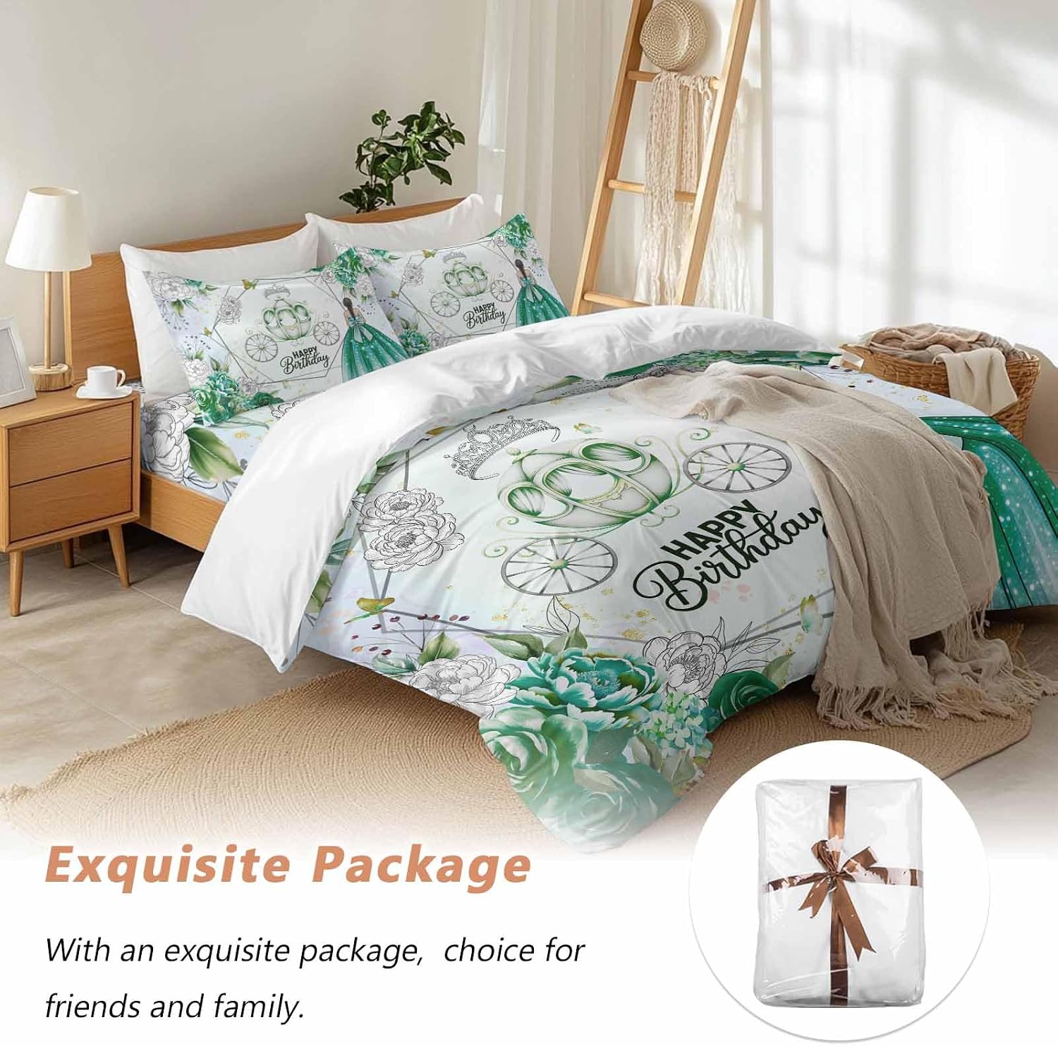 Happy Birthday Duvet Cover Set, Green Dress Crown Carriage Flowers Butterfly Soft Duvet Cover Full Size Bedding Set 4 Pieces, 1 Quiltcover and 2 Pillowcases with Zipper, 1 Bed Sheet for All Seasons