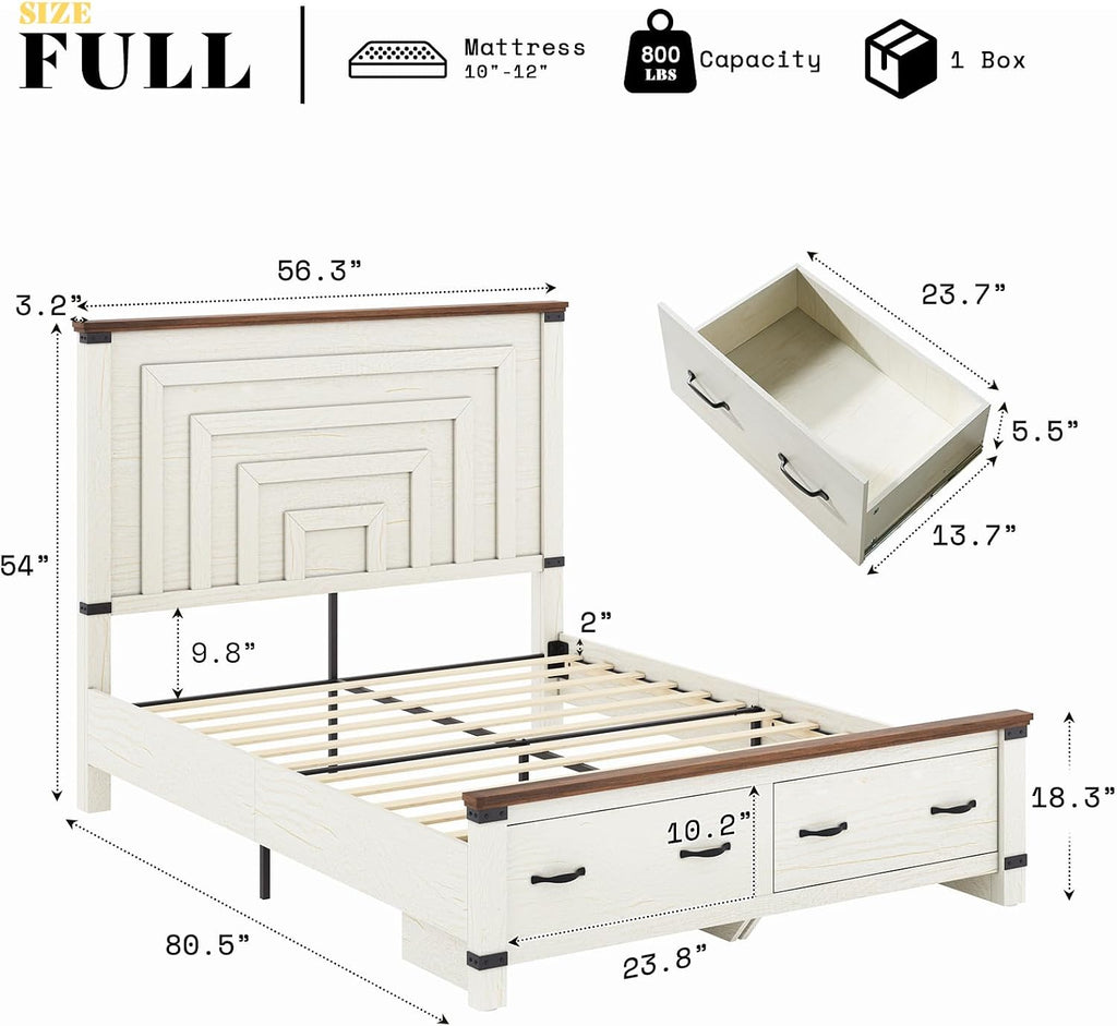 AMERLIFE Farmhouse Bedroom Furniture Set, Includes 2 Nightstands with Charging Station and 1 Full Wood Platform Bed Frame with Storage Drawers, Farmhouse Furniture for Bedroom, Rustic White