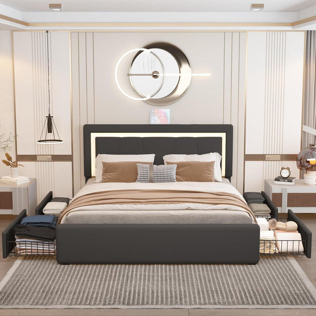 Full Bed Frame with Adjustable Headboard, Upholstered Platform Bed with RGB LED Lights, 4 Storage Drawers & Charging Station (1 USB 1 Type-C), PU Leather Headboard, No Box Spring Needed