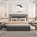 Full Bed Frame with Adjustable Headboard, Upholstered Platform Bed with RGB LED Lights, 4 Storage Drawers & Charging Station (1 USB 1 Type-C), PU Leather Headboard, No Box Spring Needed