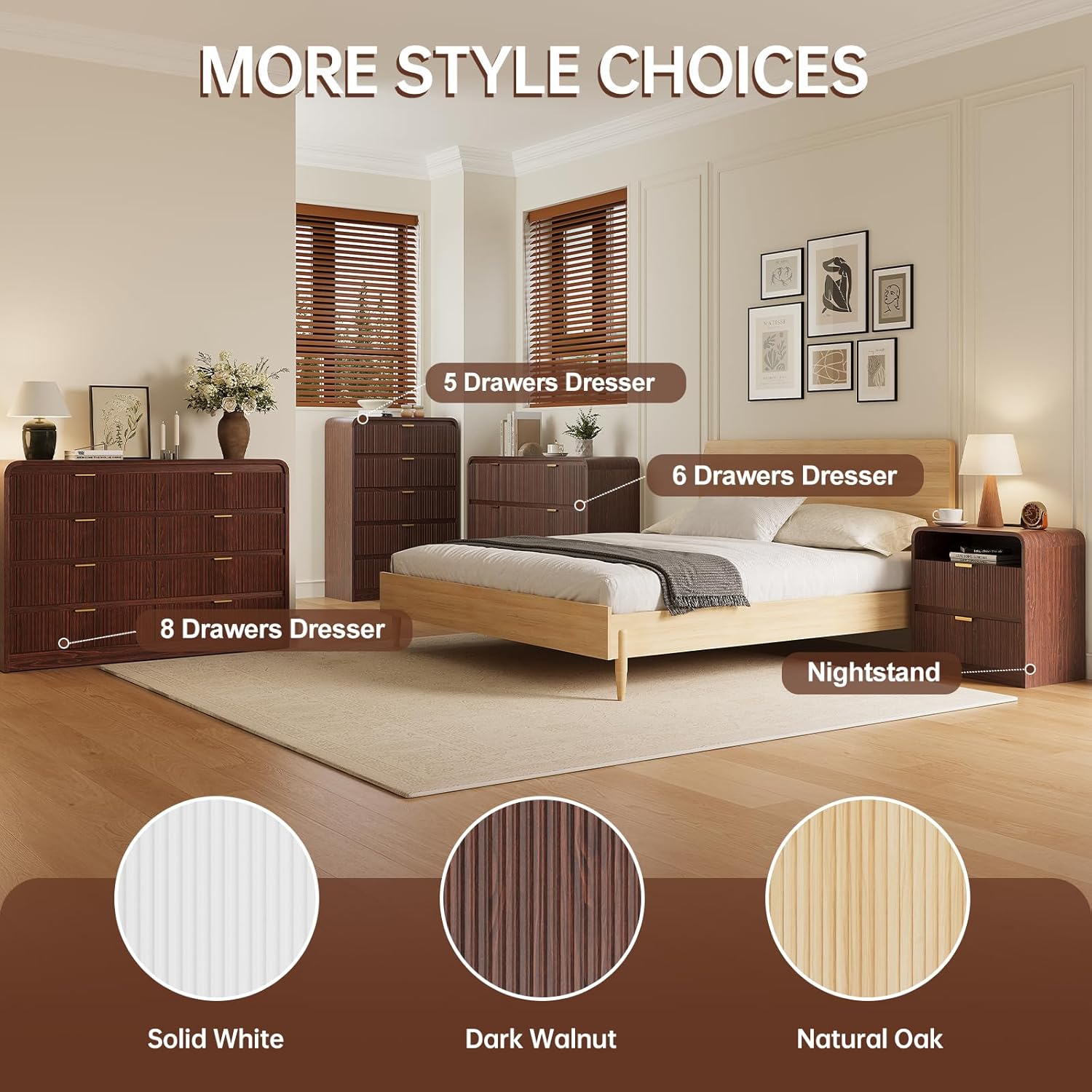 FURSUN Fluted 5 Drawers Dresser for Bedroom, 48' Tall Wooden Modern Dresser with Metal Handle, Curved Profile Design, Storage Organizer for Bedroom, Living Room, Hallway, Dark Walnut