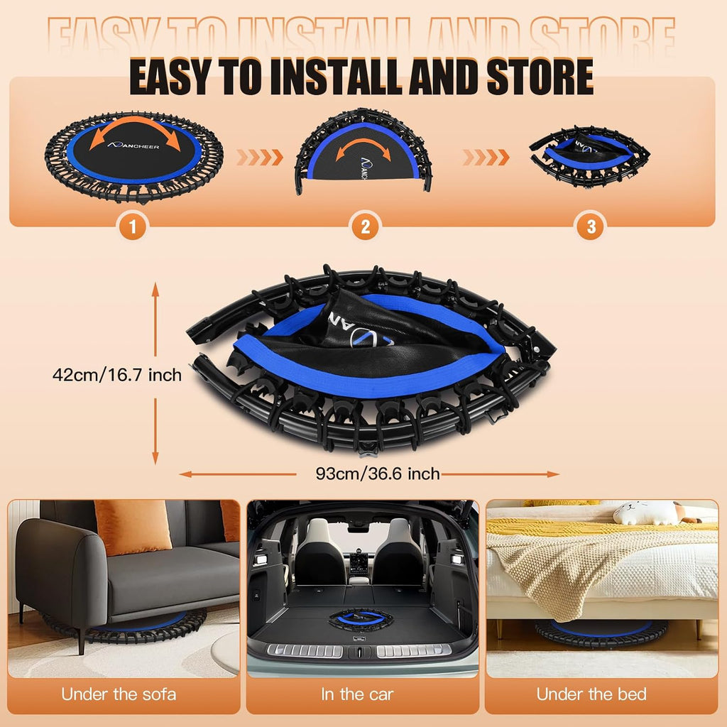 ANCHEER 40'/48' Foldable Mini Trampoline,Max Load 450lbs/550lbs Indoor Trampoline,with 4 Level Adjustable Foam Handle and Resistance Bands,Adult Exercise Trampoline for Home, Garden, and Gym