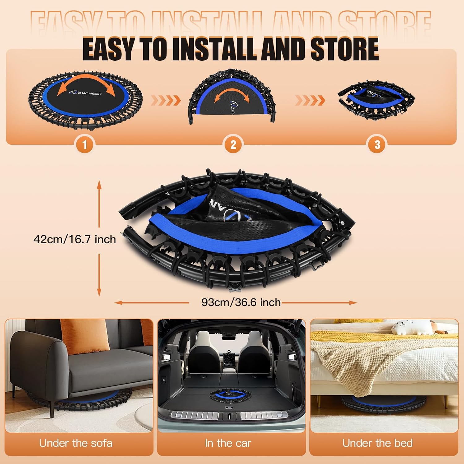 ANCHEER 40'/48' Foldable Mini Trampoline,Max Load 450lbs/550lbs Indoor Trampoline,with 4 Level Adjustable Foam Handle and Resistance Bands,Adult Exercise Trampoline for Home, Garden, and Gym
