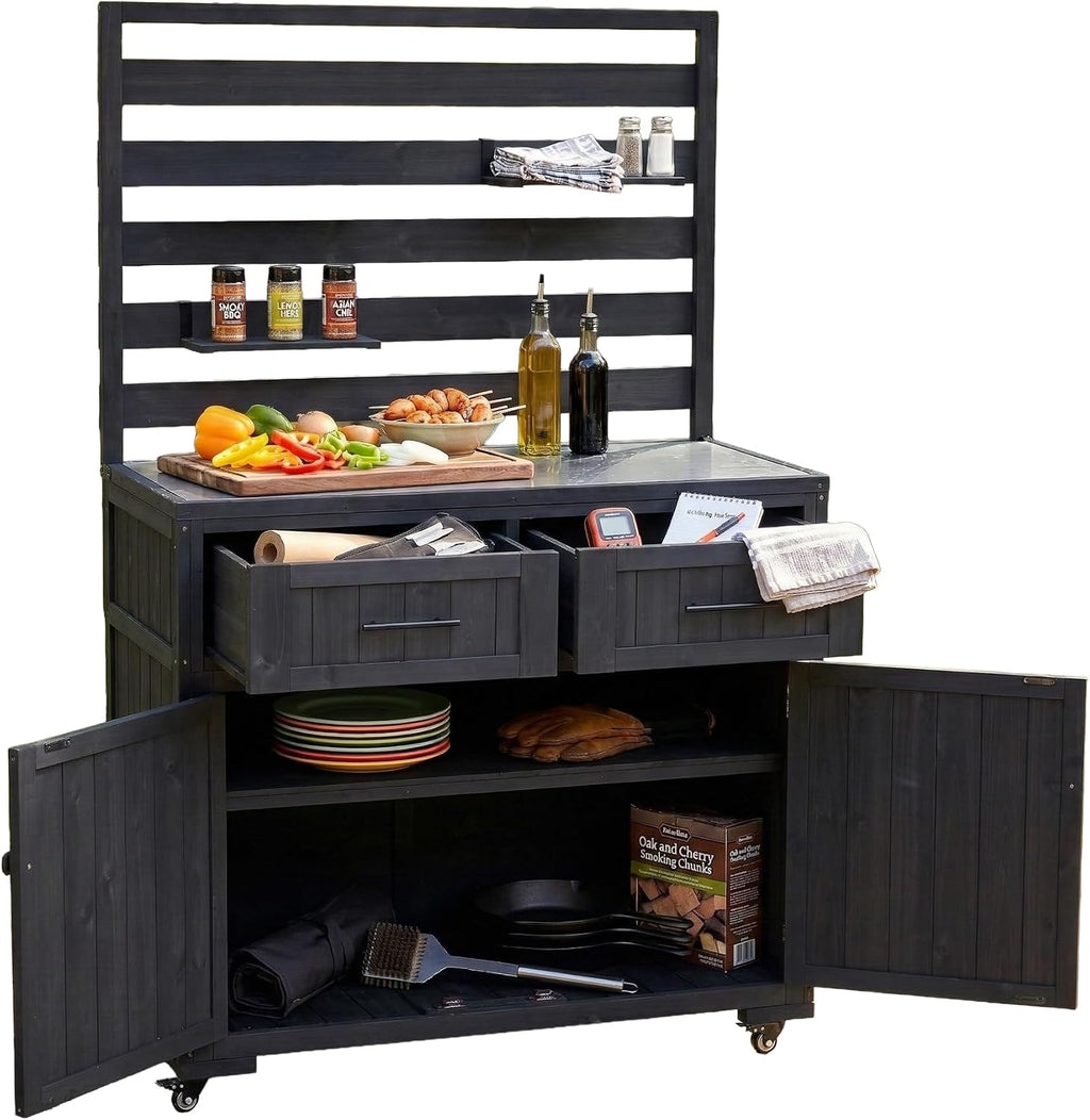 Merax 41.7'' W Patio Kitchen Island Solid Wood Kitchen Cart, Grill Prep BBQ Table, Garden Potting Bench with Stainless Table Top, 3 Movable Shelves and 2 Drawers,Black