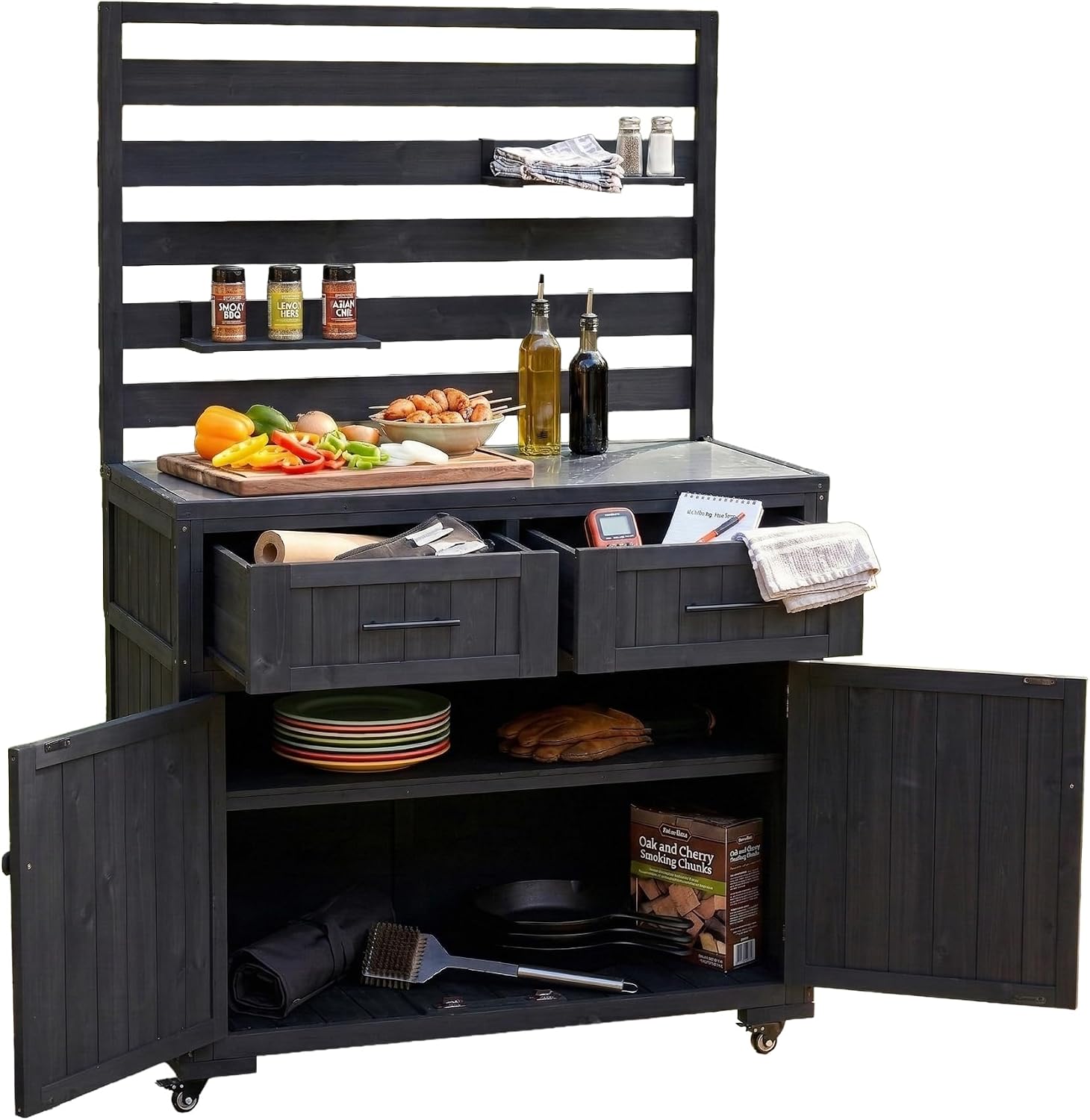 Merax 41.7'' W Patio Kitchen Island Solid Wood Kitchen Cart, Grill Prep BBQ Table, Garden Potting Bench with Stainless Table Top, 3 Movable Shelves and 2 Drawers,Black