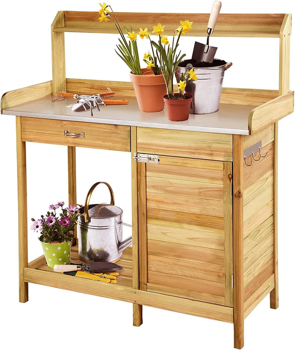 Wooden Garden Potting Bench Tables Work Station with Metal Table Top, Cabinet, Sliding Drawer and Hook,Storage Boacttom Shelf,101.6x41.4x125cm