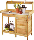 Wooden Garden Potting Bench Tables Work Station with Metal Table Top, Cabinet, Sliding Drawer and Hook,Storage Boacttom Shelf,101.6x41.4x125cm