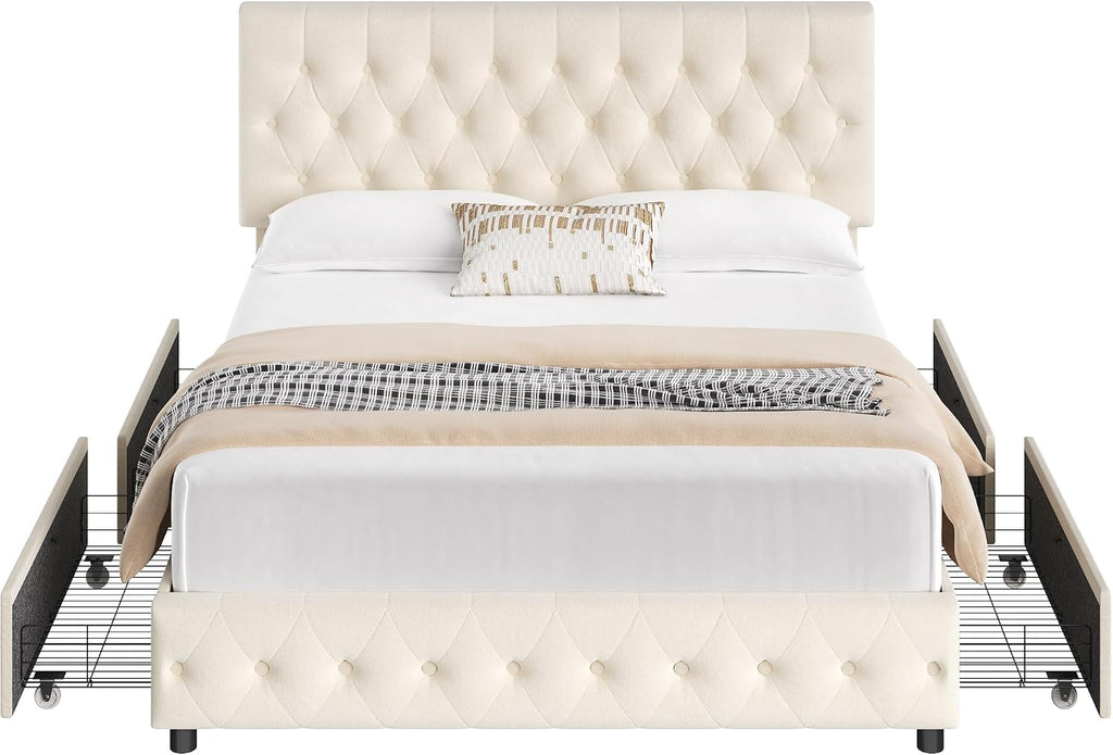 Keyluv Modern Upholstered Bed Frame with 4 Storage Drawers, Button Tufted Headboard Design, Solid Wooden Slat Support, Easy Assembly, Soft Velvet, Beige, King Size