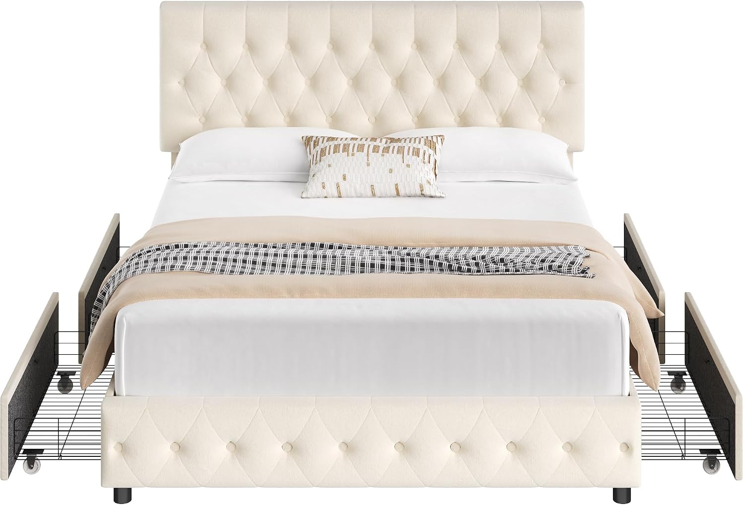 Keyluv Modern Upholstered Bed Frame with 4 Storage Drawers, Button Tufted Headboard Design, Solid Wooden Slat Support, Easy Assembly, Soft Velvet, Beige, King Size