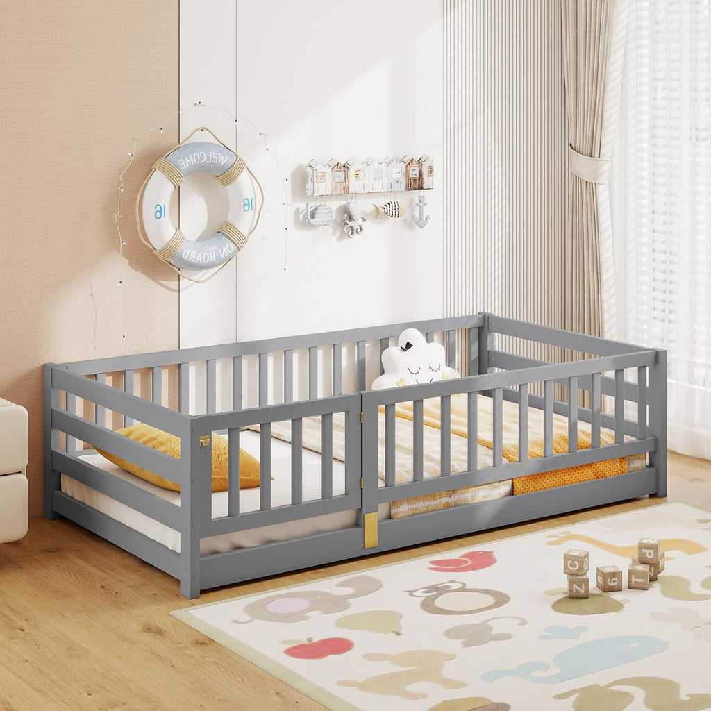 KOMFOTT Twin Size Wood Floor Bed with Door & 21.5' Fence, Montessori Bed Frame with Full Length Safety Guardrails, Door & Latch, Wooden Montessori Floor Bed for Kids, Girls, Boys