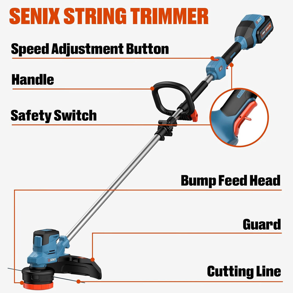 SENIX 20V 15' Weed Wacker, String Trimmer w/5.0Ah Battery & 2A Charger, Variable Speed, Brushless Motor, Lightweight 6.6lbs (GTX2-M3)
