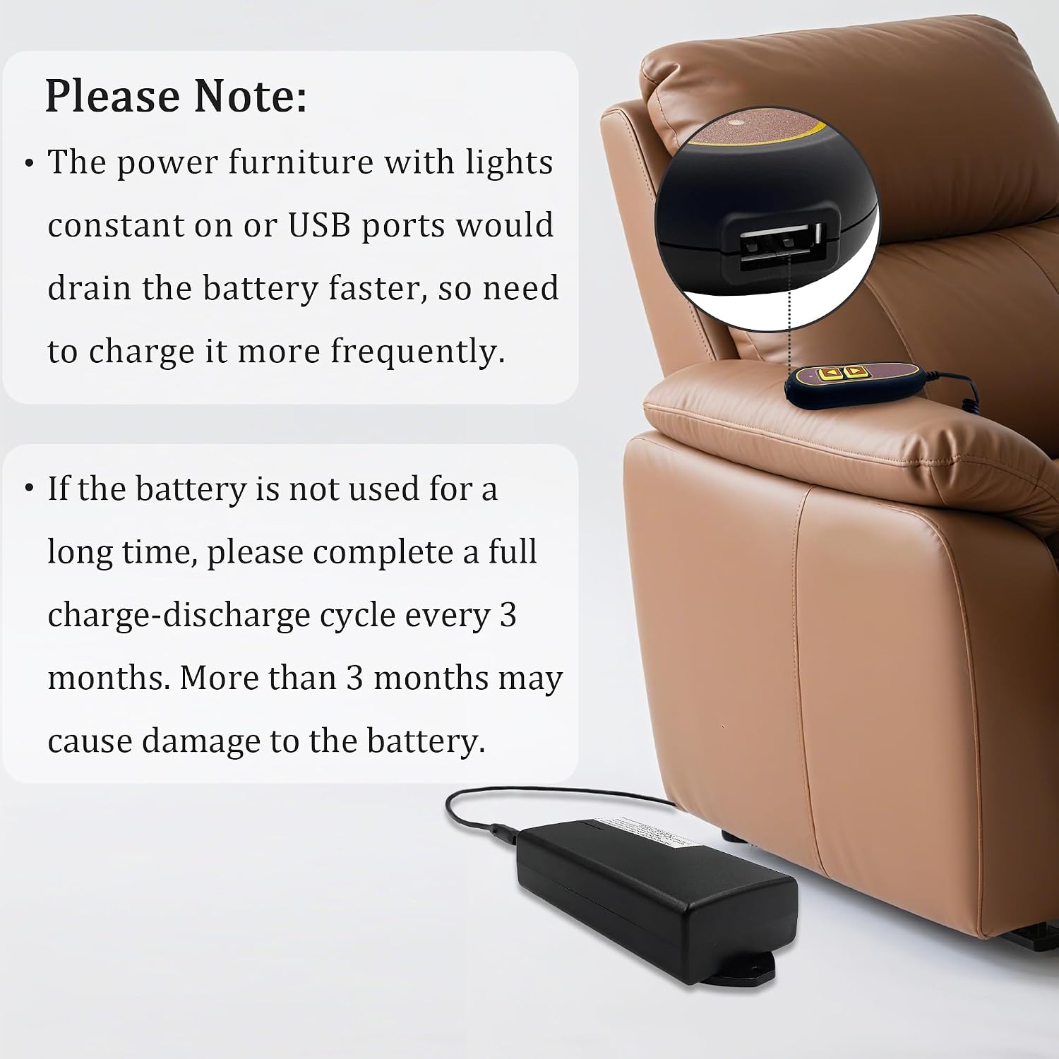 Power Recliner ZBPOWER 5000mAh Wireless Rechargeable Battery Pack Kits with Wall Power Supply and Y Power Cable