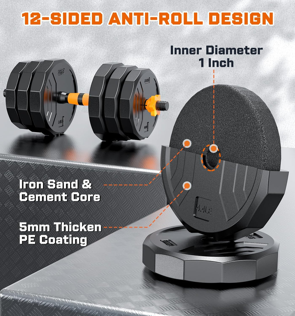5-in-1 Adjustable Dumbbell Set, 33/44/66/88lbs Free Weights Set with Connector, Used as Kettlebells, Barbell, Push up Stand, Standard 1' Plates, Fitness Exercises for Home Gym Suitable Women/Men