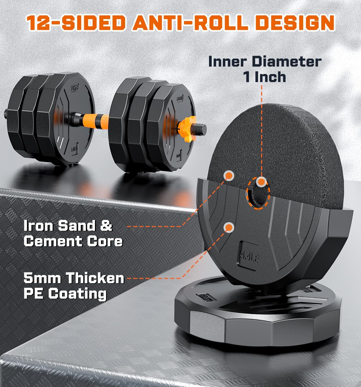 5-in-1 Adjustable Dumbbell Set, 33/44/66/88lbs Free Weights Set with Connector, Used as Kettlebells, Barbell, Push up Stand, Standard 1' Plates, Fitness Exercises for Home Gym Suitable Women/Men