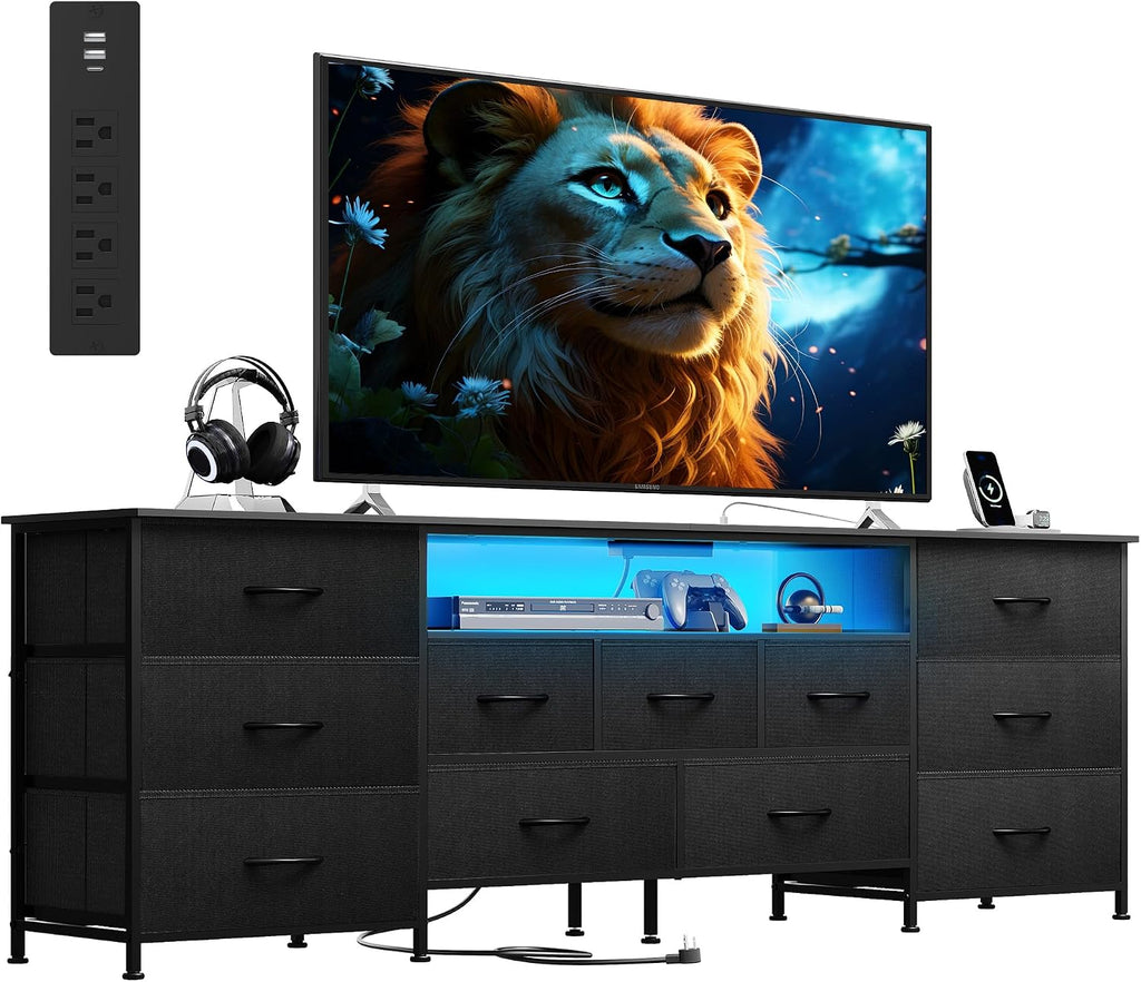 WLIVE 75.5' TV Stand for 65, 75, 80, 85 Inch TV, Dresser for Bedroom with Power Outlets & LED Lights, 11 Drawer Fabric Dresser with Open Shelves, Entertainment Center with Storage, Black
