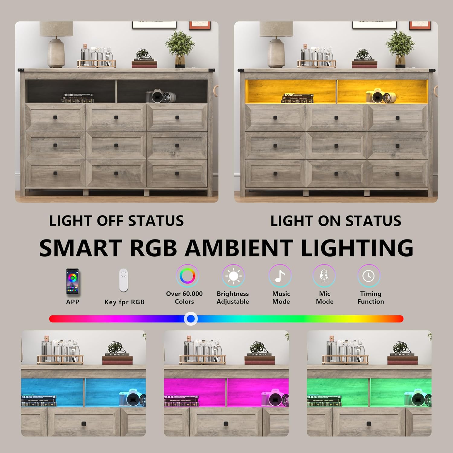 Dresser for Bedroom with 9 Drawers, Wide Chest of Drawers with LED Light and Power Outlet, Wooden Closet Organizer Clothes Storage Cabinet, Modern Double Dressers for Living Room, Hallway, Grey