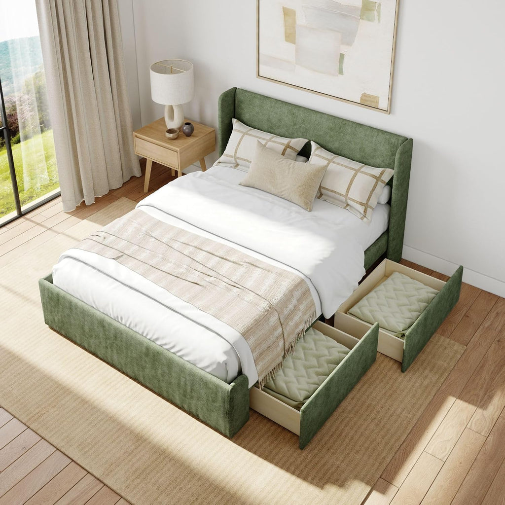 Plank+Beam Upholstered Full Bed Frame with Rectangular Headboard and Two Storage Drawers, Upholstered Platform Bed, No Box Spring Needed, Easy Assembly, Green